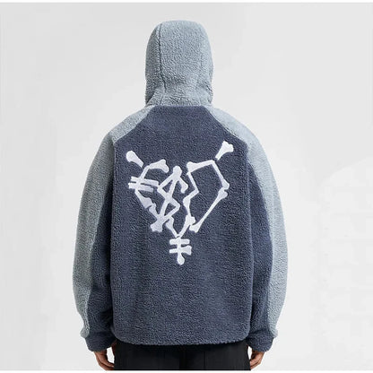 Autumn Winter Lamb Wool Fashion Loose Men's Jacket Contrast Patchwork Hooded Zipper Coat Plush Thicking Warm Couple Clothing
