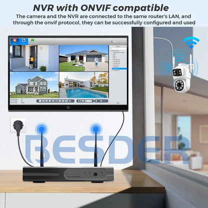 Cámara BESDER 4K 8MP Wifi PTZ para exteriores con pantallas duales, detección humana, lentes duales, protección de seguridad de 4MP, cámara IP, audio, aplicación iCSee