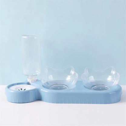 Triple Cat Bowls Pet Feeder, 2-in-1 Double Bowls with Automatic Drinking Bottle, Tilted and Rotatable Design for Cats and Dogs