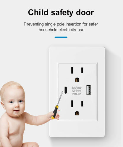 US Standard Wall Socket with USB Type-C Charging Port 5V 2.1A, 118*72mm PC Panel