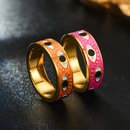 Pink Red Blue Enamel Engrave Cute Lovely Turkish Evil Eye Stainless Steel Rings 6MM Gold Color Eternity Band Rings For Women