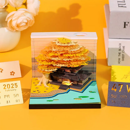 Tree Desk Calendar With LED Lights 2025 Calendar Memo Pad Creative Desk Calendar DIY Notes Notepad 3D Art Calendar Paper Carving