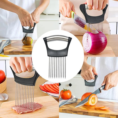 Onion Slicer Holder Vegetable Slicer Cutter Steak Needle Kitchen Gadgets Stainless Steel Cutting Tools for Onion Lemon Fruit