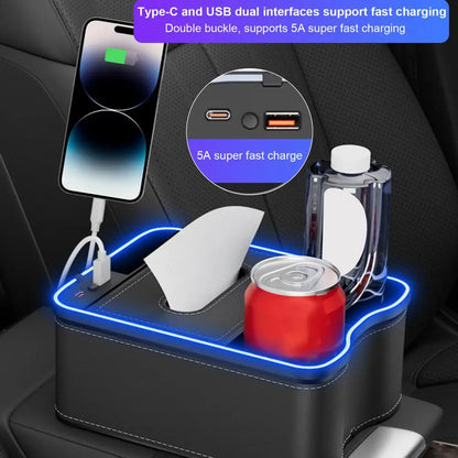 Auto Armrest Box Storage Box With Cup Holder Tissue Box USB Rechargeable Car Arm Rest Box Storage Organizer With Ambient Light