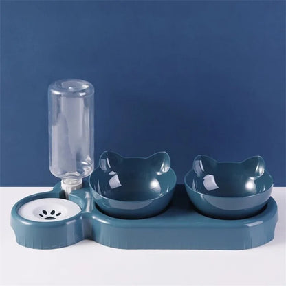 Triple Cat Bowls Pet Feeder, 2-in-1 Double Bowls with Automatic Drinking Bottle, Tilted and Rotatable Design for Cats and Dogs