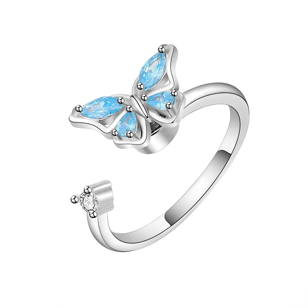 Blue Fidget Spinner Ring Anxiety for Women Multiple Crystal Flower Butterfly Animal Ring Rotate To Anti Stress for Wedding Party