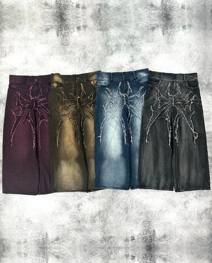 American retro high street design hip-hop trend loose straight wide-leg pants brushed patch washed distressed casual jeans