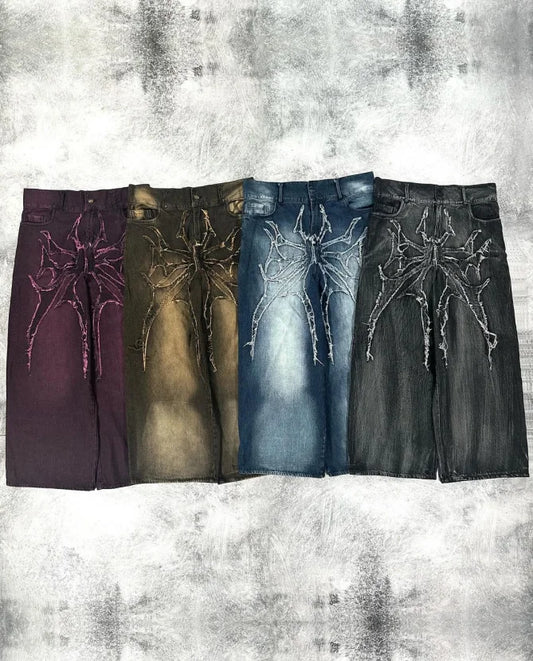 American retro high street design hip-hop trend loose straight wide-leg pants brushed patch washed distressed casual jeans