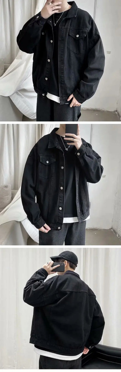 Black Denim Short Jacket Men Turn Down Collar Bomber Jacket Jeans Coats Casual Pockets Overalls Streetwear Man Clothing Outwear