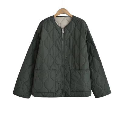XNWMNZ 2024 Chaqueta acolchada de moda para mujer Otoño/Invierno Chaqueta acolchada retro con cuello redondo y manga larga con cremallera Abrigo acolchado versátil para mujer