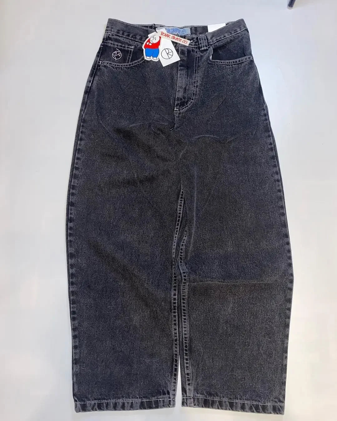 American retro high street design hip-hop trend loose straight wide-leg pants brushed patch washed distressed casual jeans
