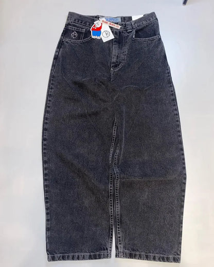 American retro high street design hip-hop trend loose straight wide-leg pants brushed patch washed distressed casual jeans
