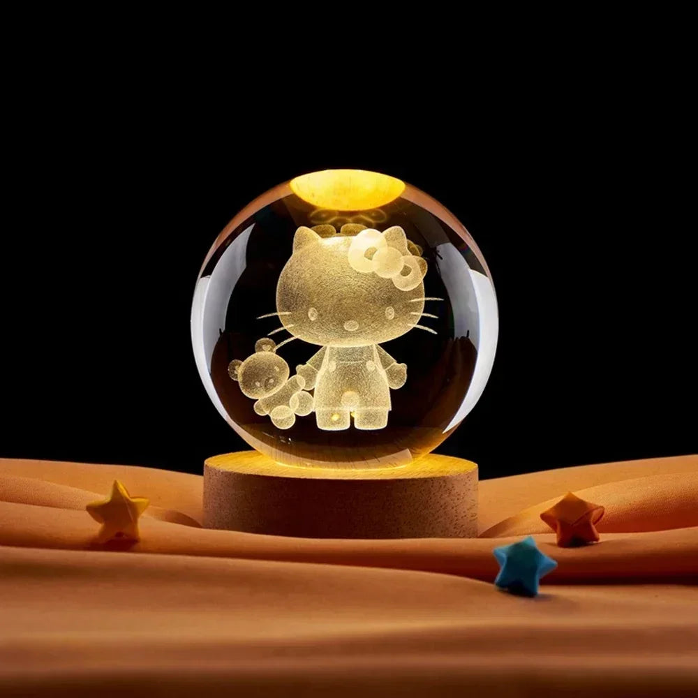 6cm 3d Crystal Ball Led Night Stitch Pikachu Doraemon A Dream Hellokitty Desktop Decoration Lamp Laser Carving Children Gifts