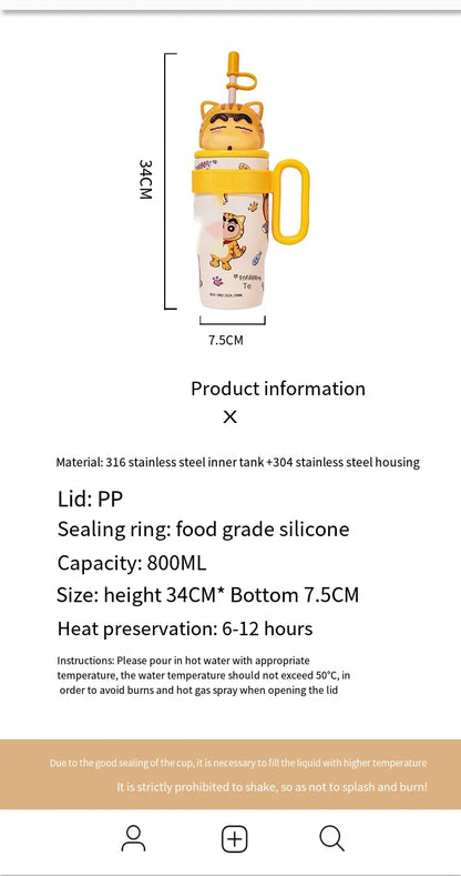 800Ml Crayon Shin-Chan 316 Stainless Steel Thermos Cup Cute Cartoon Doll Couple Water Cup Large Capacity Straw Cup Gift Toys