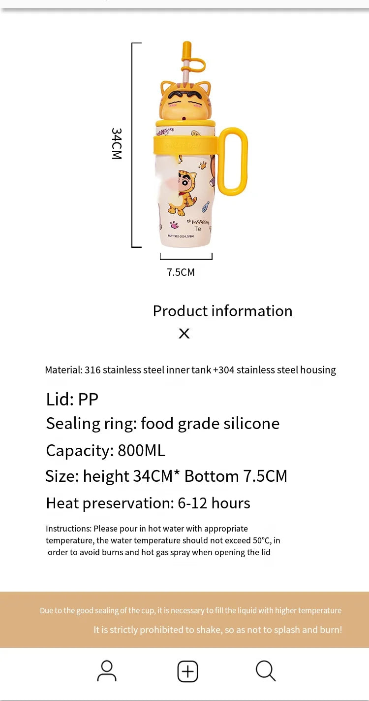 800Ml Crayon Shin-Chan 316 Stainless Steel Thermos Cup Cute Cartoon Doll Couple Water Cup Large Capacity Straw Cup Gift Toys