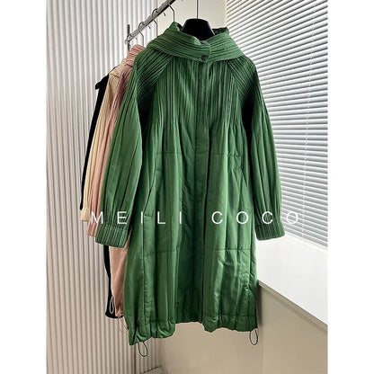 ALSEY Miyake Pleated Solid Collar Hooded Fashion Women's Jacket 2024 Autumn Winter New Long-sleeved Slim Lengthened Windbreaker