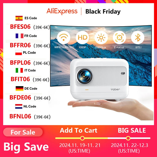 【Enfoque eléctrico】 Miniproyector Android, YABER L1 Proyector de video de 20000 lúmenes 5G WiFi Bluetooth, compatible con proyector portátil P