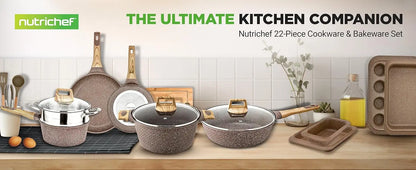 Nutrichef 22-Piece Maroon Marble Non-Stick Cookware Bakeware Set Professional Home Kitchen Collection with Multi-Sized Pot Pans