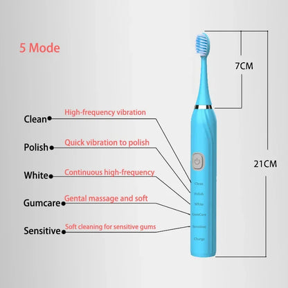 Sonic Electric Toothbrush 5 Mode USB Charger Timer Brush Rechargeable Deep Clean Tooth Brushes Replacement Heads Set For Adults