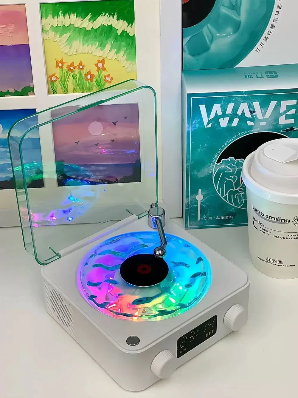 Haut-parleur Bluetooth Waves Vinyl Player avec bruit blanc, haut-parleur rétro pour platine vinyle, aide au sommeil, haut-parleur en forme de Vitrola avec lumière RVB
