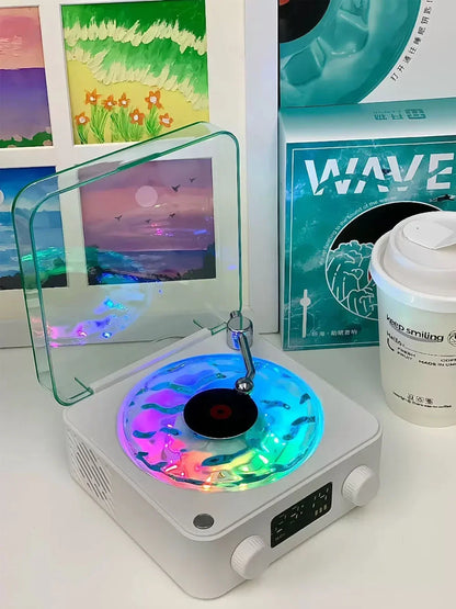 Haut-parleur Bluetooth Waves Vinyl Player avec bruit blanc, haut-parleur rétro pour platine vinyle, aide au sommeil, haut-parleur en forme de Vitrola avec lumière RVB