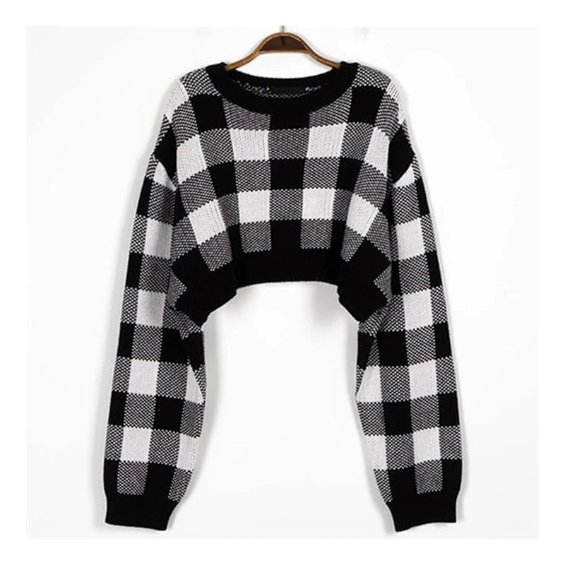 Pullovers Women Checkerboard Crop Knit Sweater Long Sleeve Crew Neck Box-fit Plaid Jumper Outfit