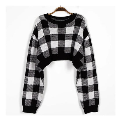 Pullovers Women Checkerboard Crop Knit Sweater Long Sleeve Crew Neck Box-fit Plaid Jumper Outfit