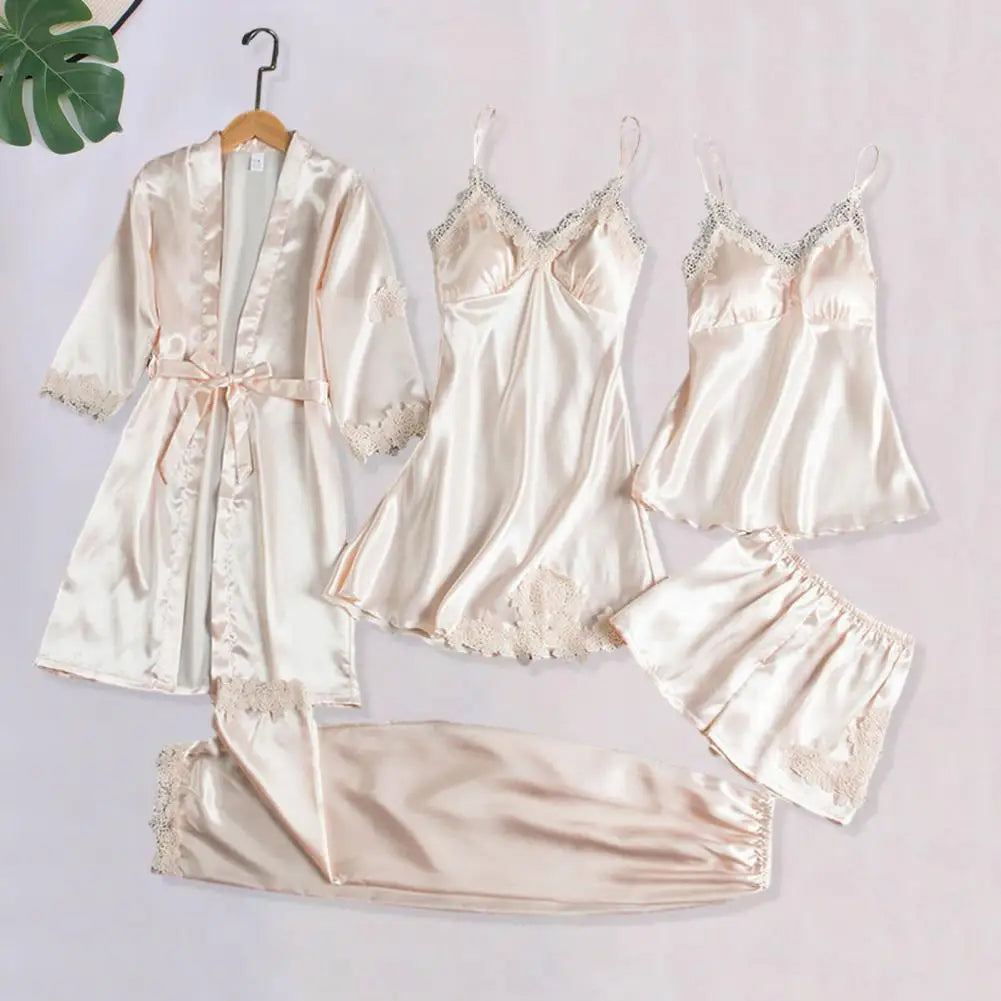 5 Pieces Pajamas Set Satin Home Pyjama Women Nightdress Lace Robe Sleep Suit Cami Vest Cardigan Trouser Sleepwear Gown Lingerie