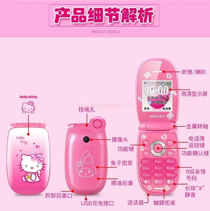 Sanrio Hello Kitty Flip Phone New Cartoon Cute Children White Pink Kawaii Mini Phone Children Birthday Gifts Fashion Model Toys