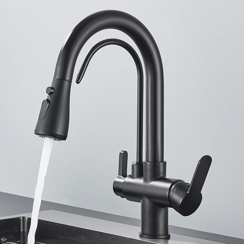 Grifo de cocina con filtro negro extraíble con rotación de 360 ​​grados y grifo mezclador de fregadero de tres vías