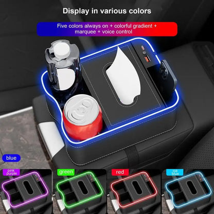 Auto Armrest Box Storage Box With Cup Holder Tissue Box USB Rechargeable Car Arm Rest Box Storage Organizer With Ambient Light