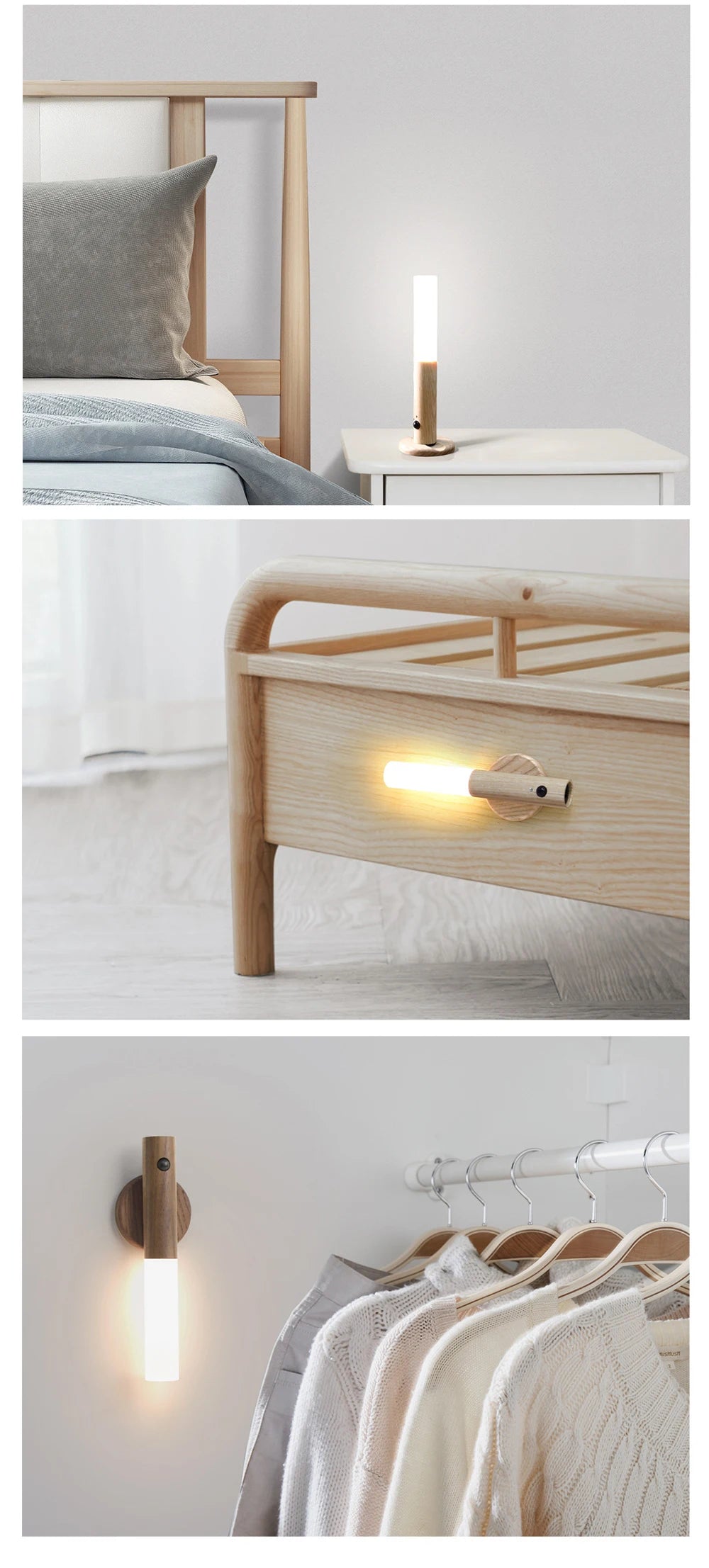 Luz LED de pared portátil e inteligente para interiores, luz nocturna para pasillo, carga USB, sensor de movimiento con grano de madera, activación por inducción