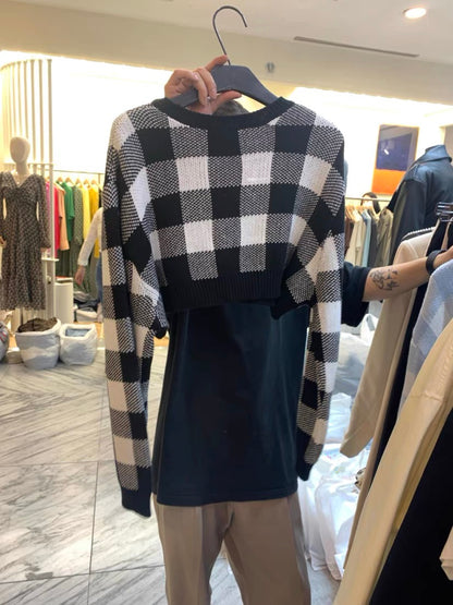 Pullovers Women Checkerboard Crop Knit Sweater Long Sleeve Crew Neck Box-fit Plaid Jumper Outfit