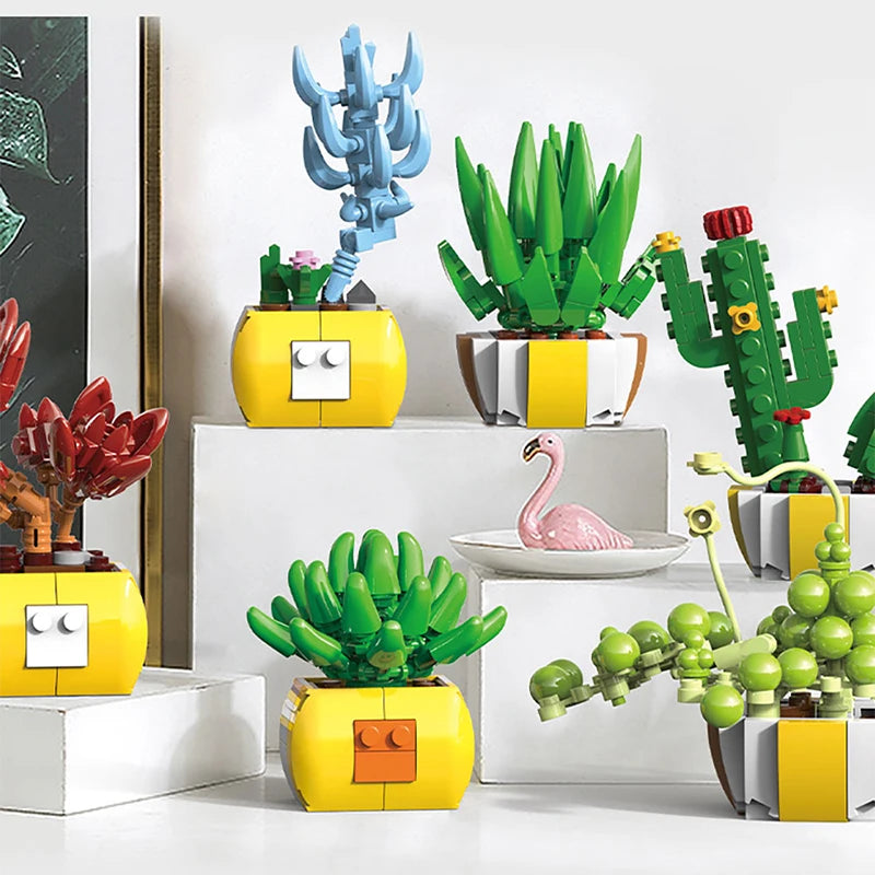 Simulation Succulents Flowers Bricks Plants Bonsai Cactus Aloe Vera DIY Assembled Toy Building Blocks Creative Kids Toys Gift