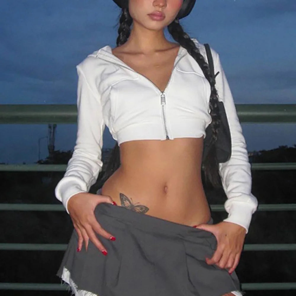 ALLNeon Y2K Aesthetic Vintage Basic Zip Up White Cropped Hoodies 2000s Fashion Big Pockets Front Hooded Long Sleeve Sweats Cute