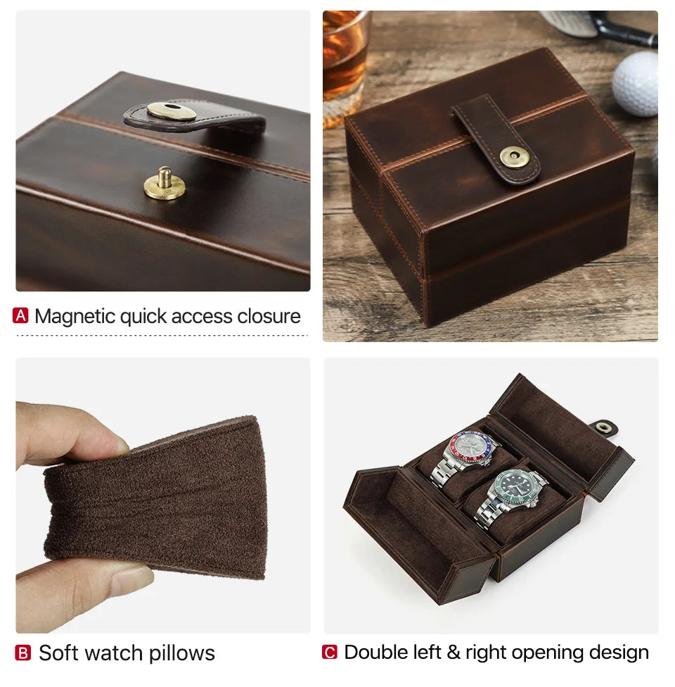 Retro Luxury Genuine Leather 2 Slots Watch Roll Case Travel Portable Organizer Display Storage Box with Pillow Handmade Gifts