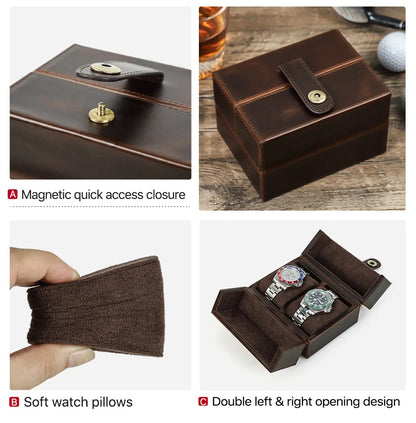 Retro Luxury Genuine Leather 2 Slots Watch Roll Case Travel Portable Organizer Display Storage Box with Pillow Handmade Gifts