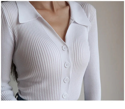 AOSSVIAO 2024 Ladies Buttons Sexy V Neck Long Sleeve POLO Neck Knit Cardigan Sweater Women Lapel Slim Tops