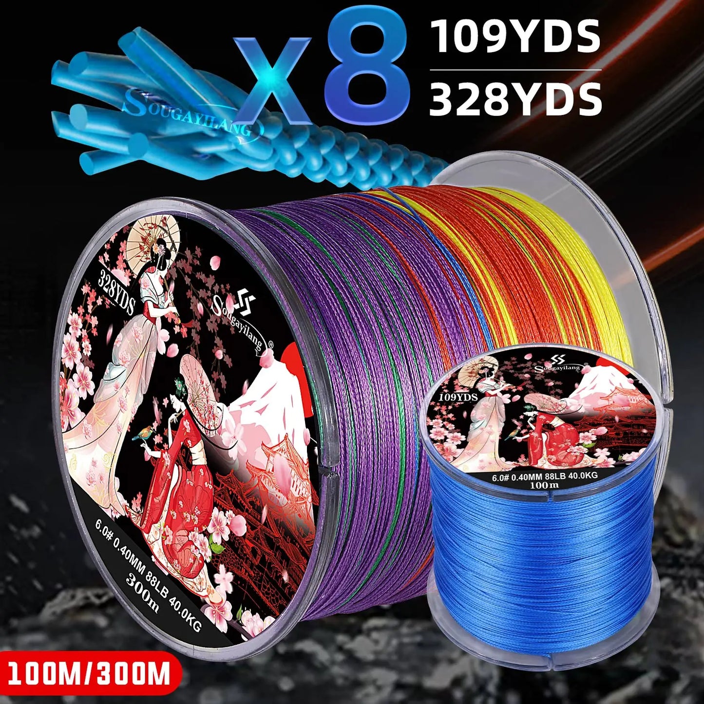 Sougayilang Braided Fishing Line X8 100/300 Drag 22~88LB Multifilament Japanese PE Line for Bass Pike Carp Fishing Accessories