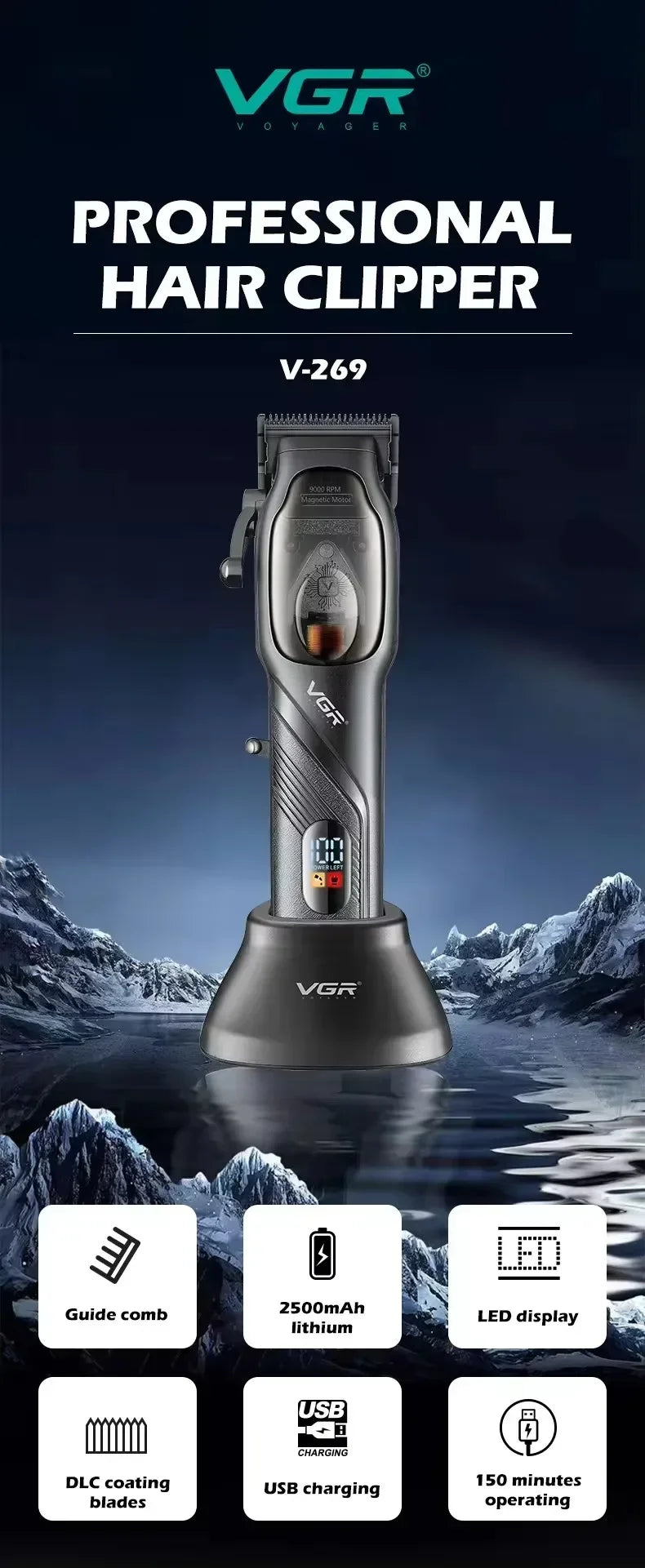 VGR Original Barber Professional Hair Clipper Beard Hair Trimmer For Men Electric Adjustable Haircut Machine Rechargeable V-269