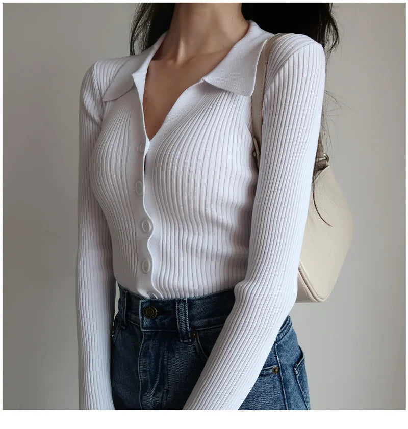 AOSSVIAO 2024 Ladies Buttons Sexy V Neck Long Sleeve POLO Neck Knit Cardigan Sweater Women Lapel Slim Tops