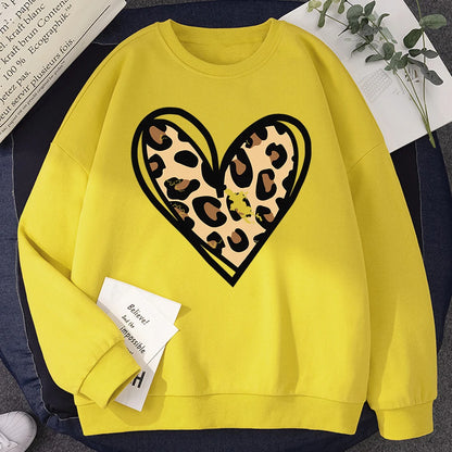 Sweat-shirt d'hiver Harajuku pour femme, imprimé léopard incomplet, imprimé cœur, sweat à capuche, chaud, col ras du cou, polaire confortable