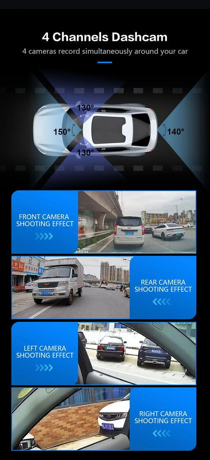 4 Channel Dash Cam 360°Panoramic View 2K+1080P+1080P+1080P Car DVR 5G WiFi/GPS Video Recorder 24/7 All-weather Monitor Max 512G