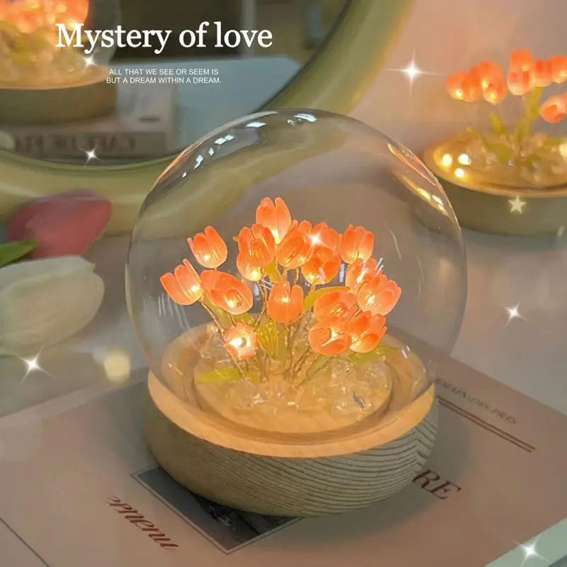 Artificial Tulip Flower Night Light Handmade DIY Bedside Lamp LED Night Lamp Bedroom Decor Christmas Birthday Gifts Table Lamp