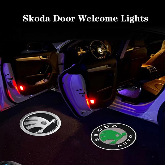 2Pcs Car Door Emblem Light Welcome Lamp Wireless Laser Projector Auto Decoration LED For Skoda Octavia Rapid Kodiaq Karoq Fabia