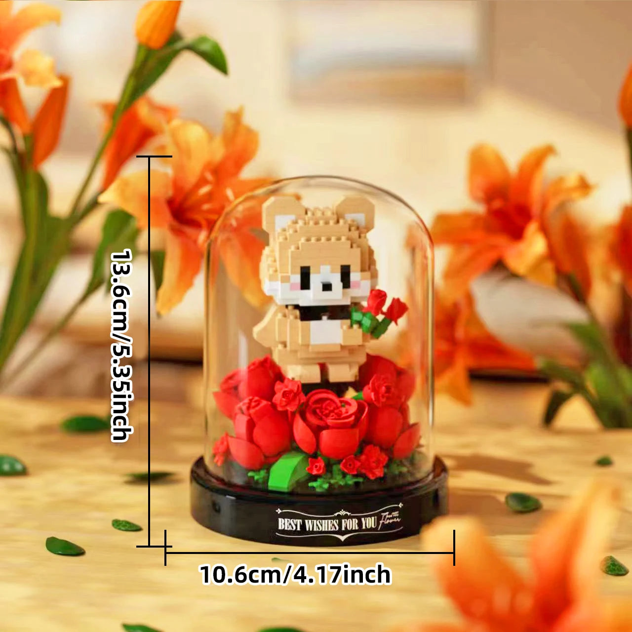 Animal potted plant assembly block with dust cover, sunflower rose flower block, puppy eternal flower assembly ornament toy