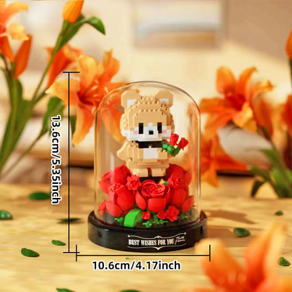 Animal potted plant assembly block with dust cover, sunflower rose flower block, puppy eternal flower assembly ornament toy