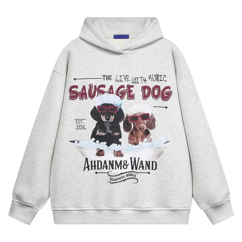 Vintage American Style Men's Creative Cool Dog Print Loose Fit Grey Fleece Lined Hooded Sweatshirt Couple Model Casual Wear