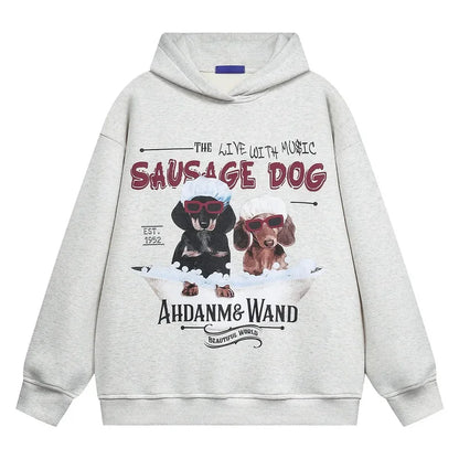 Vintage American Style Men's Creative Cool Dog Print Loose Fit Grey Fleece Lined Hooded Sweatshirt Couple Model Casual Wear