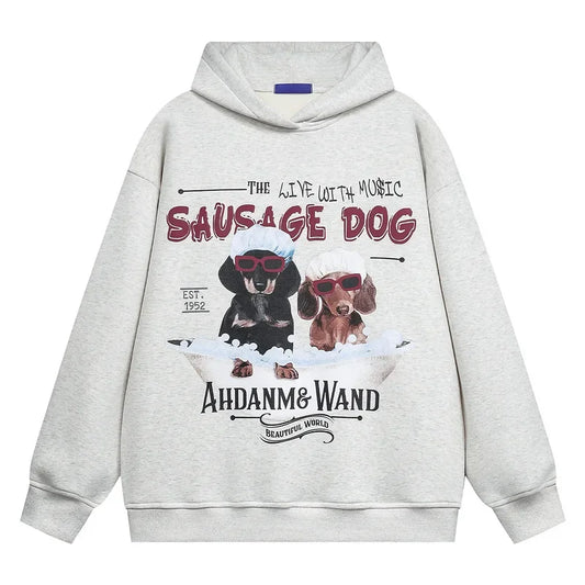 Vintage American Style Men's Creative Cool Dog Print Loose Fit Grey Fleece Lined Hooded Sweatshirt Couple Model Casual Wear